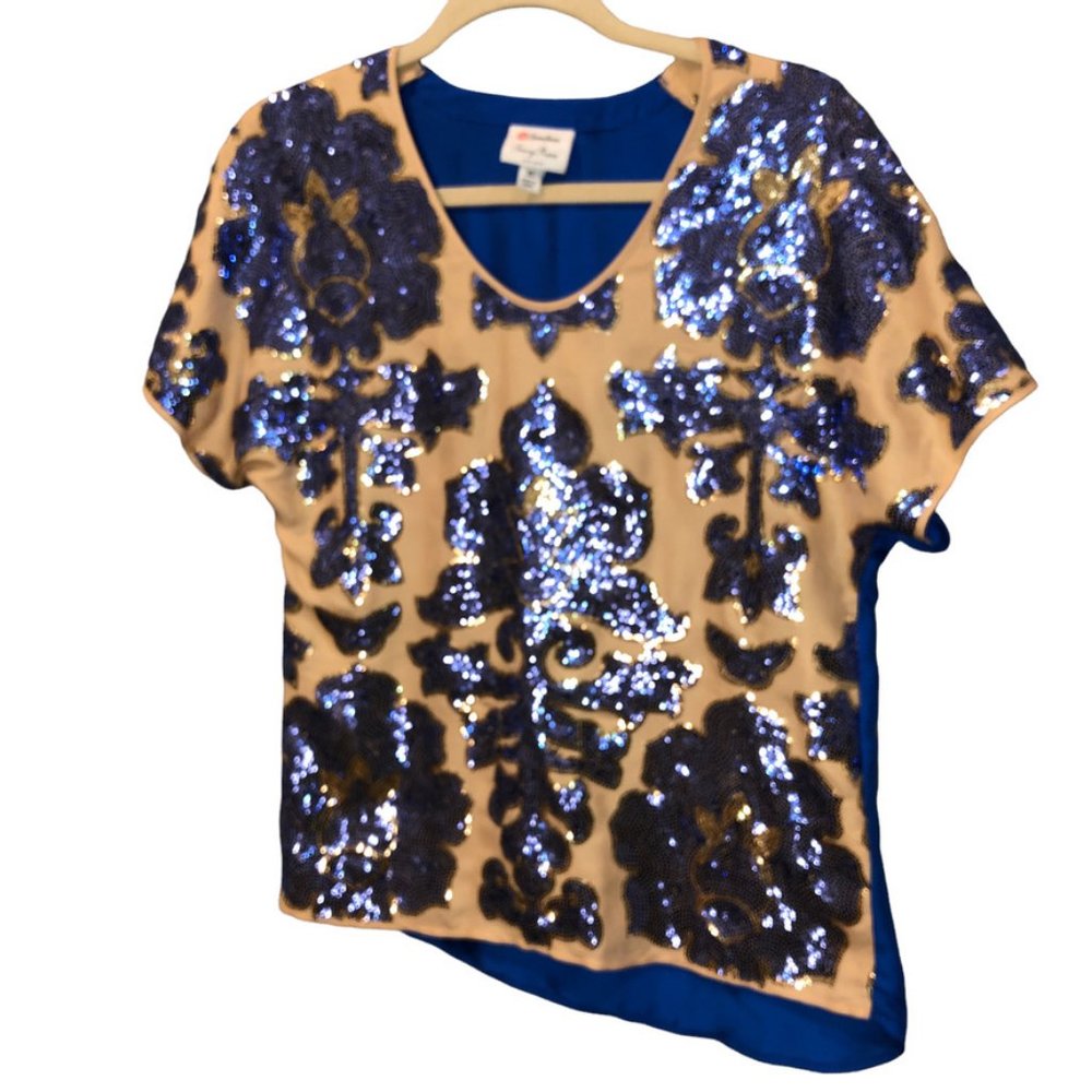 tracy reese Neiman Marcus NEW blue gold sequin flower top XS